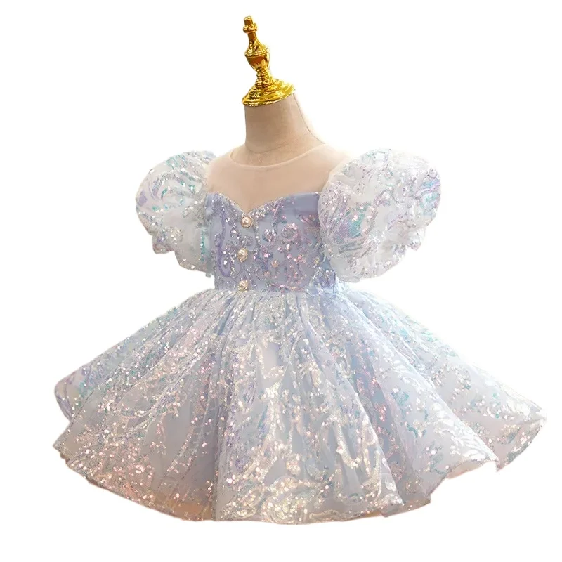 Robe de princesse vintage à paillettes pour filles, manches bouffantes, nœud papillon, costume de fête d'anniversaire, vêtements pour bébés et tout-petits, mode pour enfants, 1-12 ans