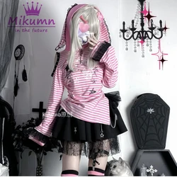 Mikumn Japanese Harajuku Y2k Striped Lace Rabbit Ear Hooded T-Shirt Gothic Girls Kawaii Pink Off Shoulder Long Sleeve Tops Tees