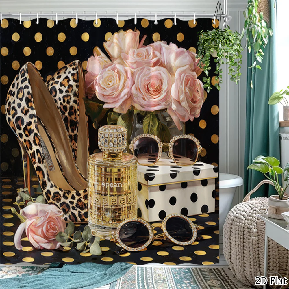 elegant floral shower curtain leopard print high heels pink roses fashion decor with 12 hooks Enhance spatial aesthetics