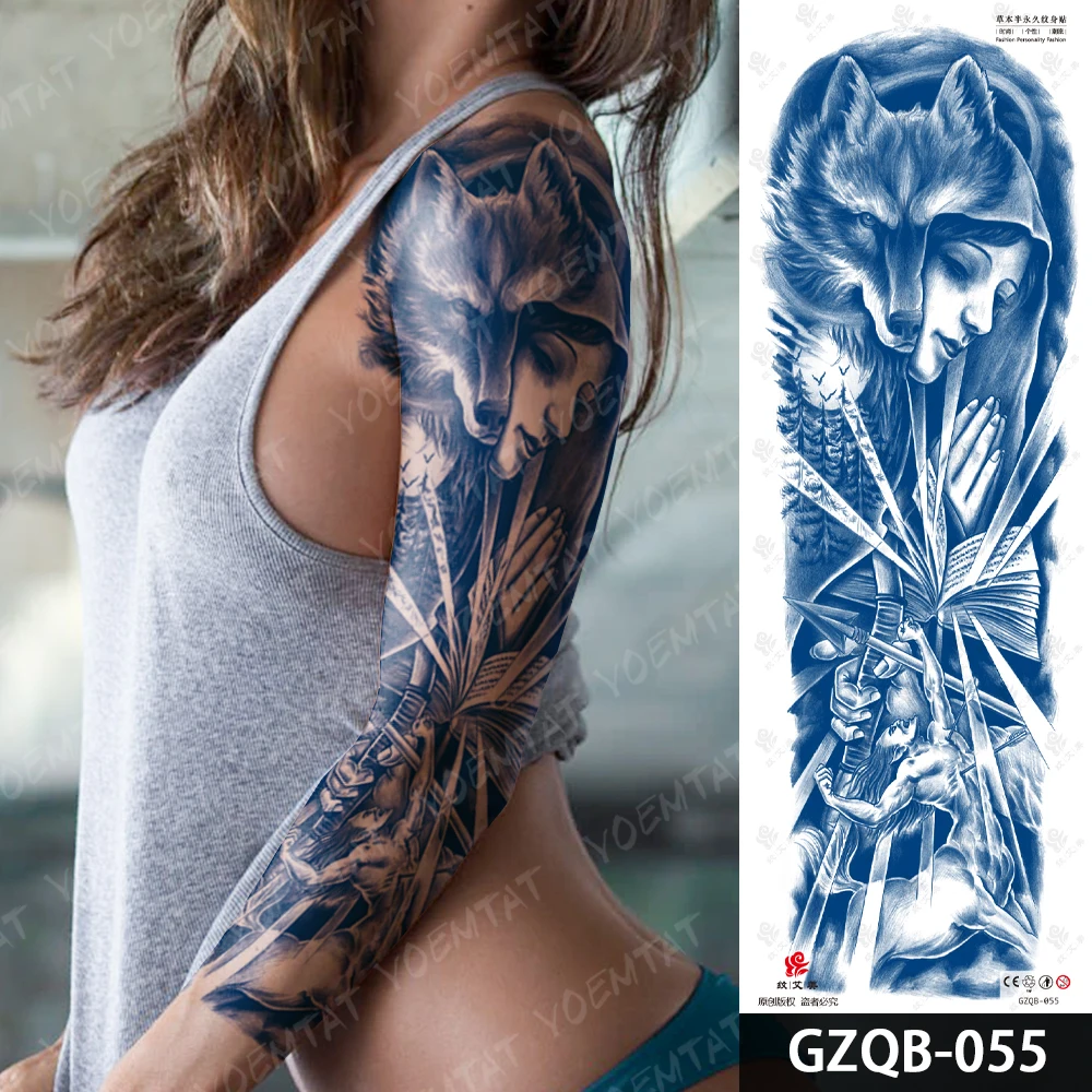 Praying Angel Large Full Arm Sleeve Juice Ink Waterproof Temporary Tattoo Sticker Wolf Moon Forest Fake Tatoo Body Art Women Men