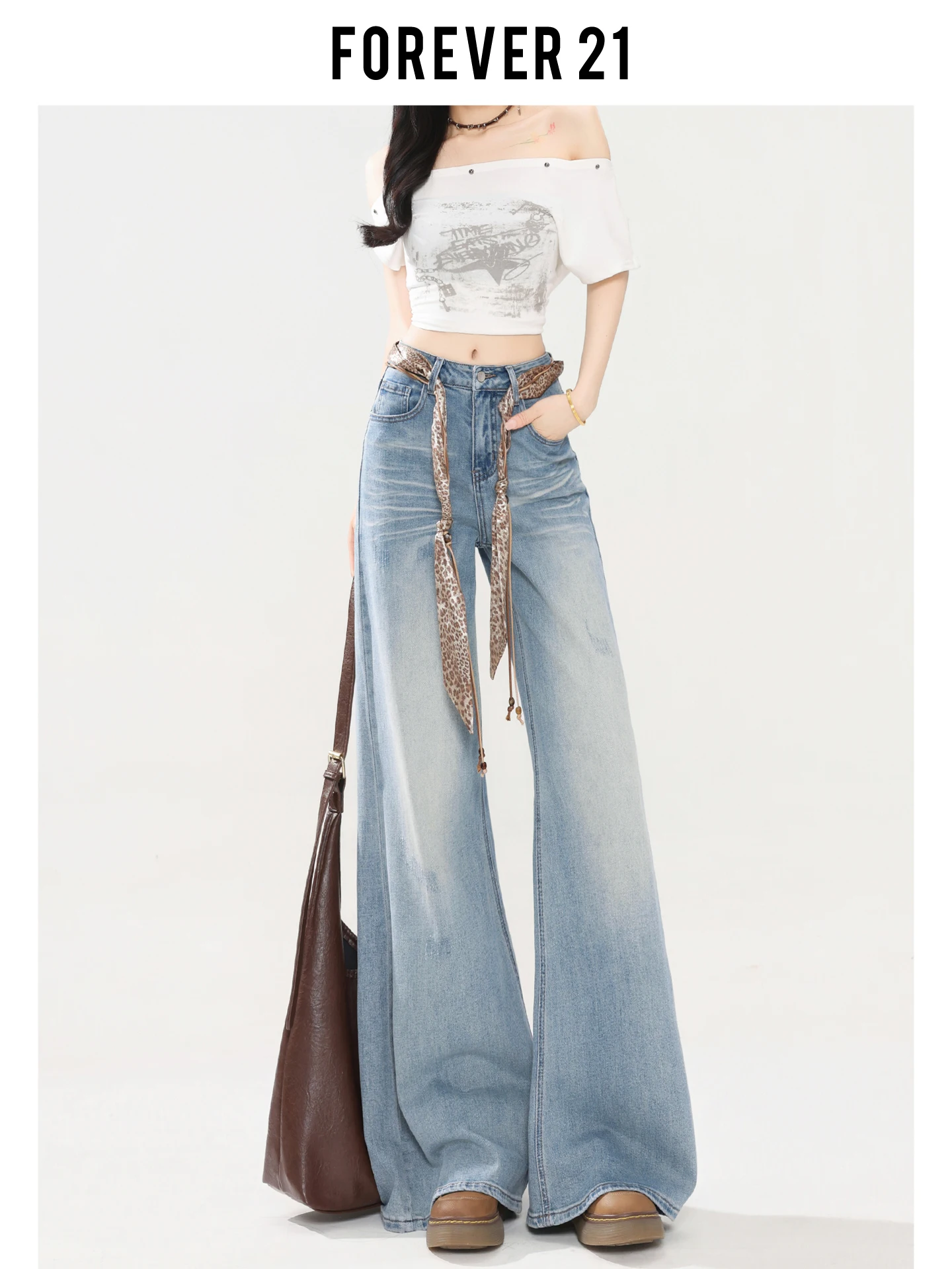 Calça Jeans Feminina de Cintura Alta com Barra Larga, Novo Estilo de Verão, Perna Reta, Jeans Hoof Forever 21, Calça Jeans Bootcut Modeladora