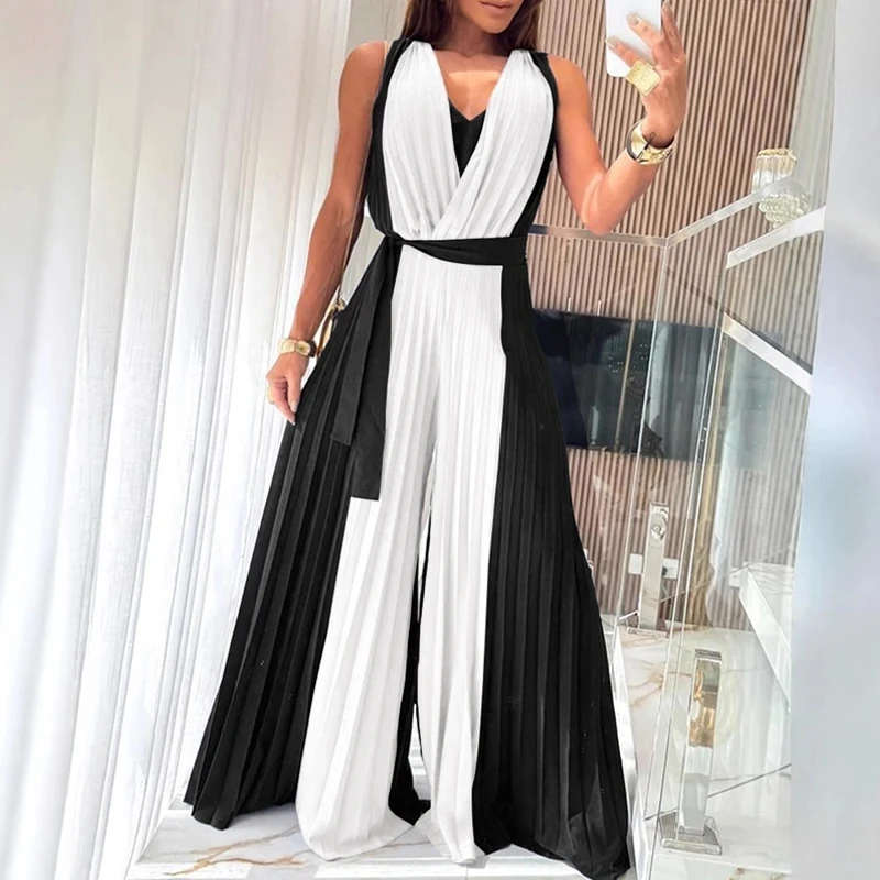 

Elegant V-neck Pleated Commute Rompers Lady High Waist Hollow Out Playsuits Fashion Contrast Color Sleeveless Wide Leg Jumpsuits