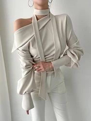 Temperament Skew Collar Hlater Satin Shirt Black Office Ladies Work Tops Bishop Sleeve Slim-Fit Shirt Stylish Long Sleeve Blouse