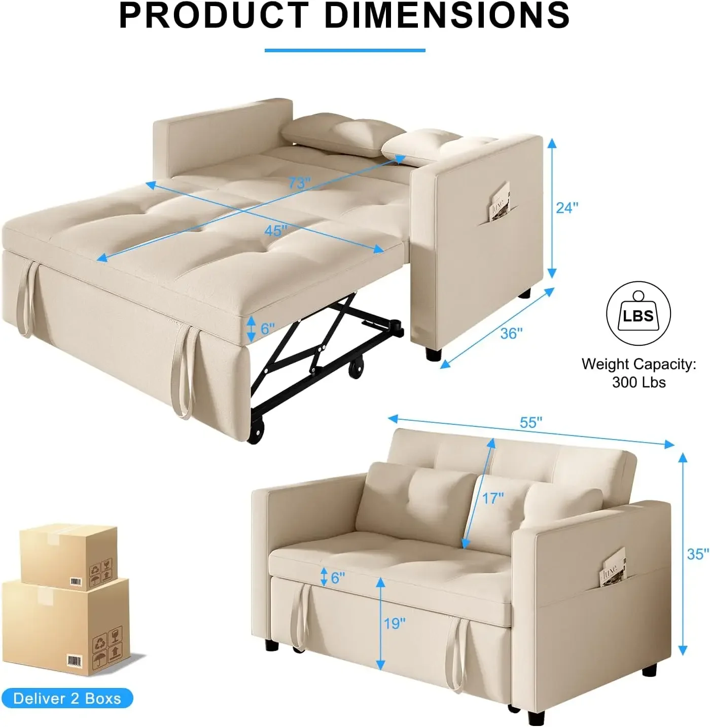 3 in 1 Loveseat Sleeper Sofa w/ Pullout Bed, Velvet Convertible Sofa Bed w/ Adjustable Backrest, Pull out Bed Couch w/2 Pillows