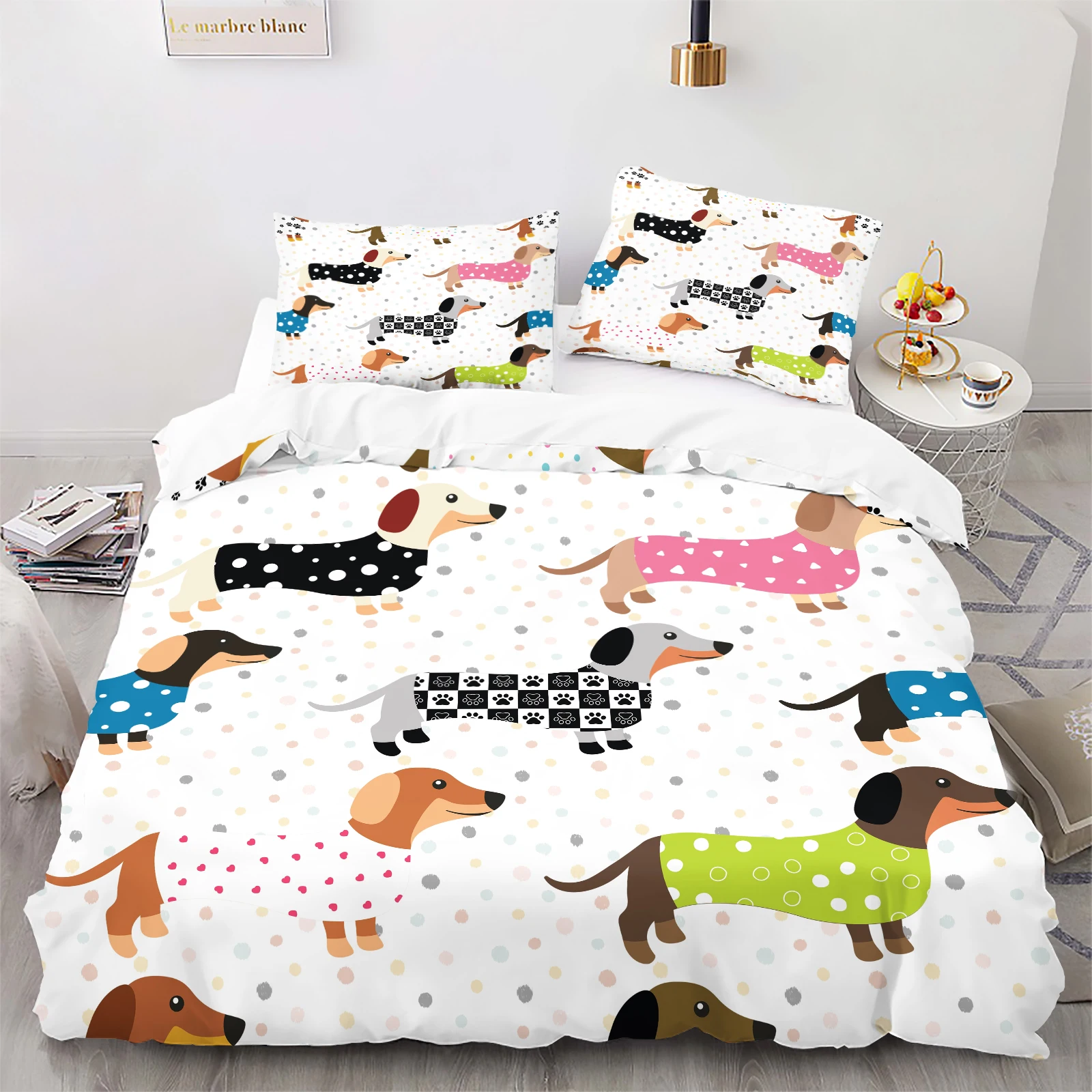 2/3Pcs Cute Dachshund Sweater Duvet Cover Set with 1/2 Pillow Shams, Soft Breathable Polka Dot Bedding Set, No Duvet Insert