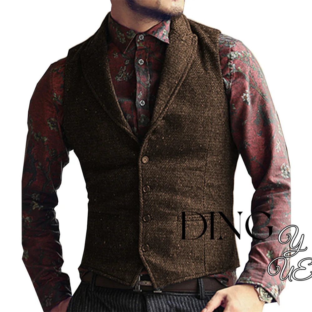 Men's Classic Suit Vest Herringbone Pattern Business Waistcoat Notch Lapel Wool Tweed Groomsmen Waistcoat For Wedding