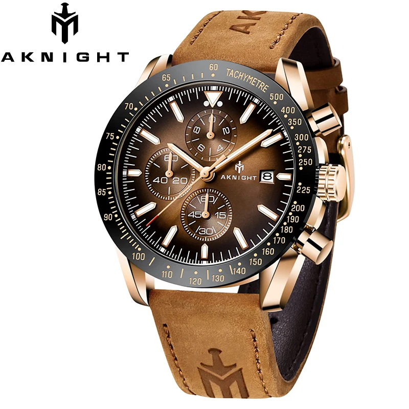 AKNIGHT Men's Watch Top Brand Luxury Quartz Watches Men Genuine Leather Strap Waterproof Sport Chronograph Relogio Masculino