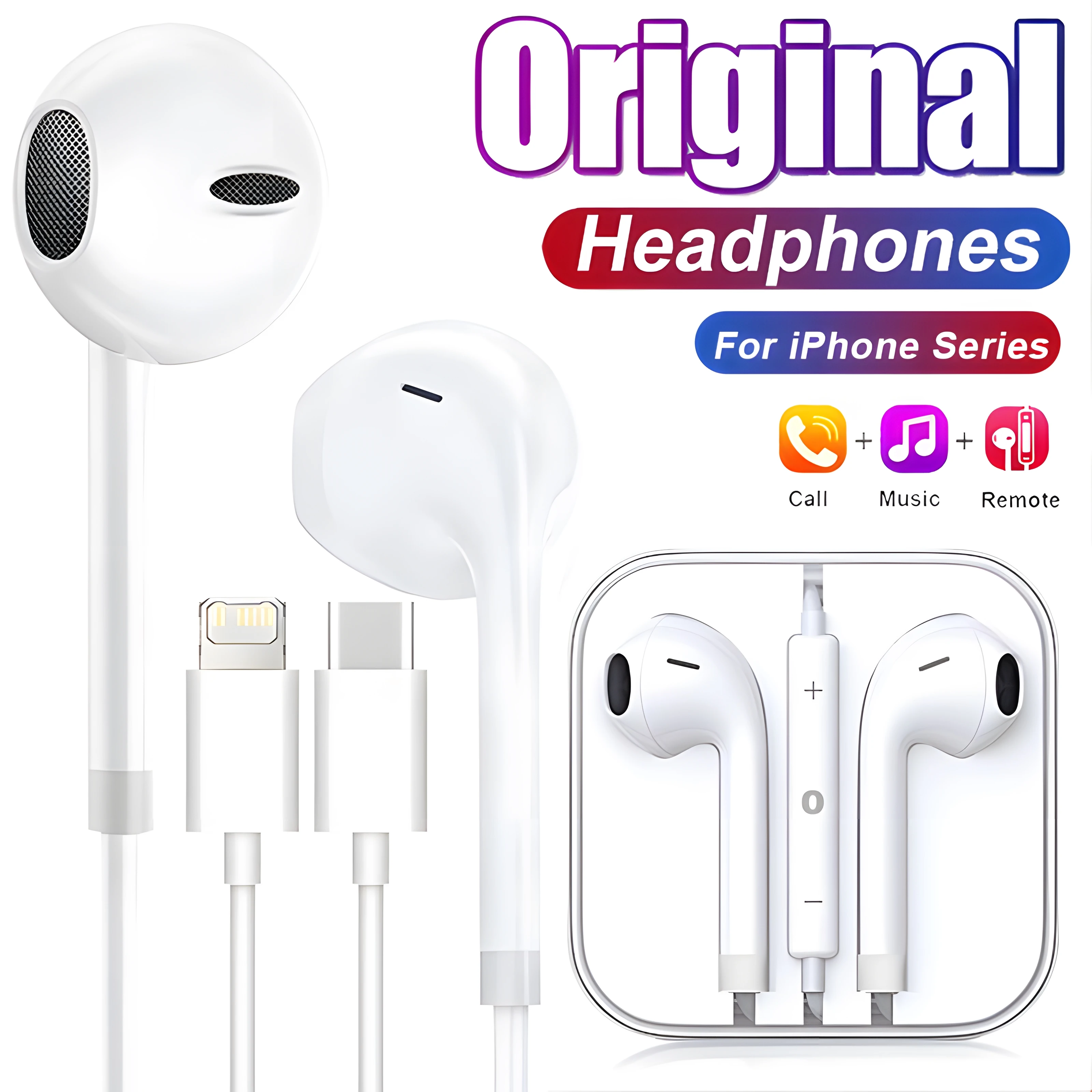 Original Headphones For Apple iPhone 16 15 14 13 11 12 Pro Max Plus In-ear Lightning 3.5MM Wired Bluetooth Earphones Accessories