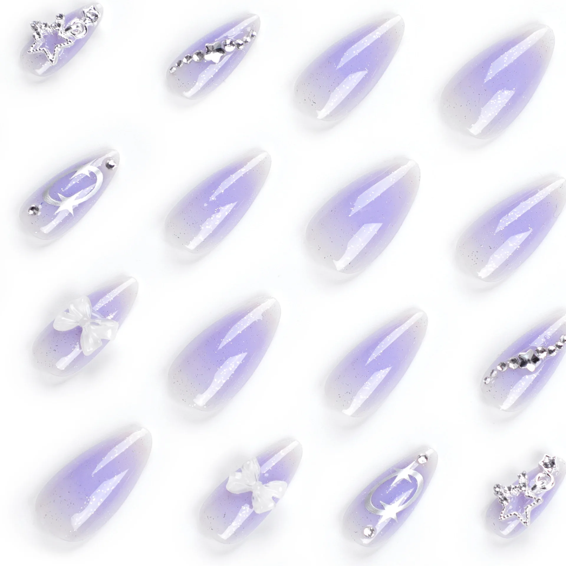 Wearable Silver Stripes Long Almond Nails Fake Y2k Nails Press On False Nails Stars Diamond Decoration Purple Nail Tips Finished