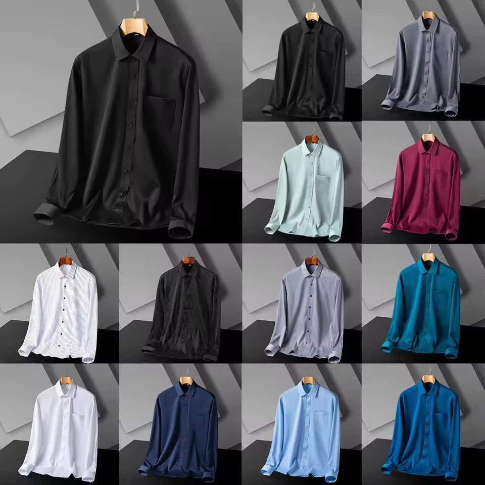 Elegant Roll-Up Sleeves Men'S Autumn Shirt Mens Solid Color Shirt Long Sleeve Casual Business Non Ironing Shirt Ropa De Hombre