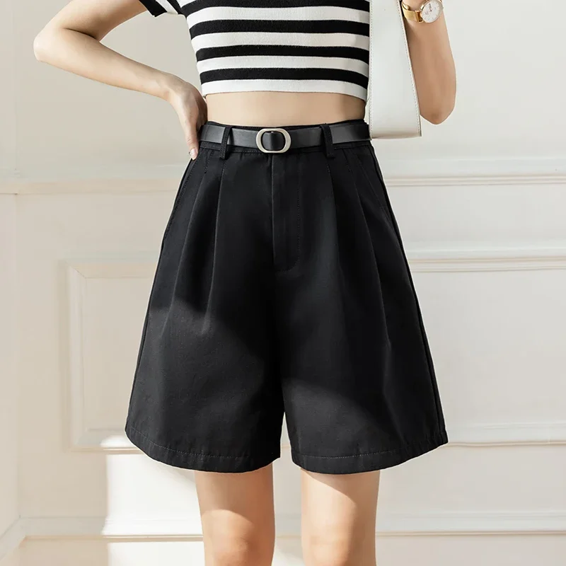 

Pop Beige Summer Wide Leg Shorts For Women High Waist Loose Casual Suit Fabric Bermuda Female Knee Length Trousers