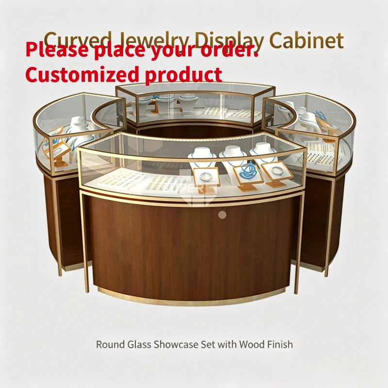 custom.Circular Curved Combination Jewelry Display Cabinet Gold Trim Tempered Glass LED Lighting Wooden Base Mall Boutique Showc