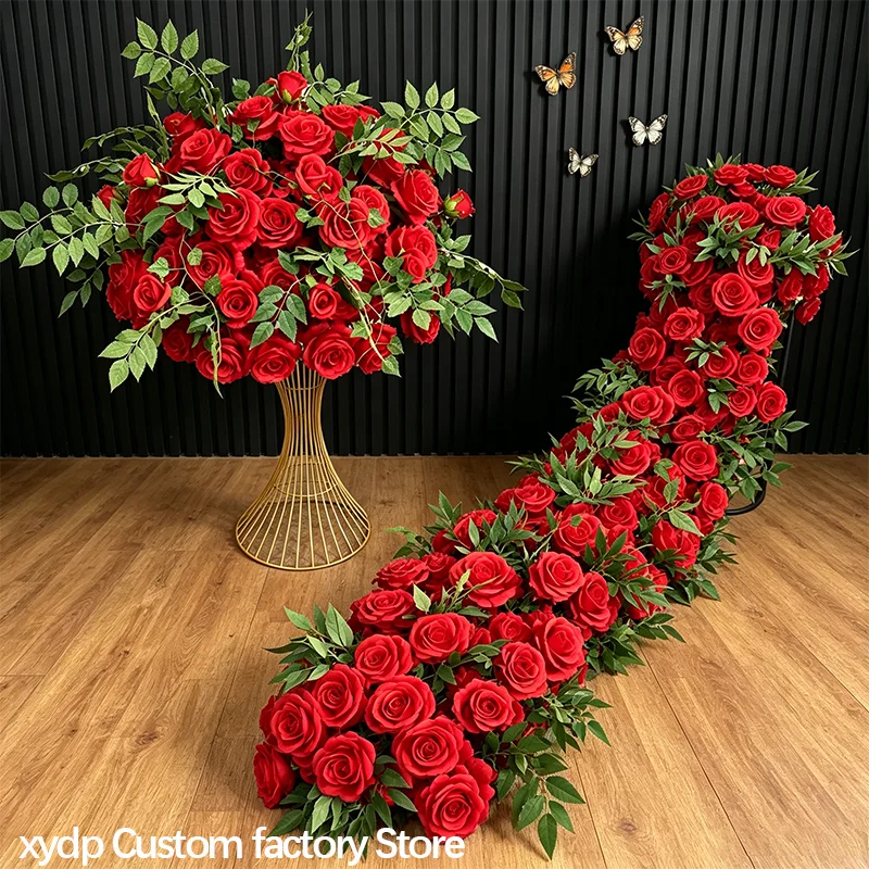 Künstliche rote Rosenblumenreihe, langer Läufer, Hochzeits-Hintergrunddekoration, Blumenarrangement, Party-Requisiten, grüne Pflanzen, Tischdekoration – Detail 1