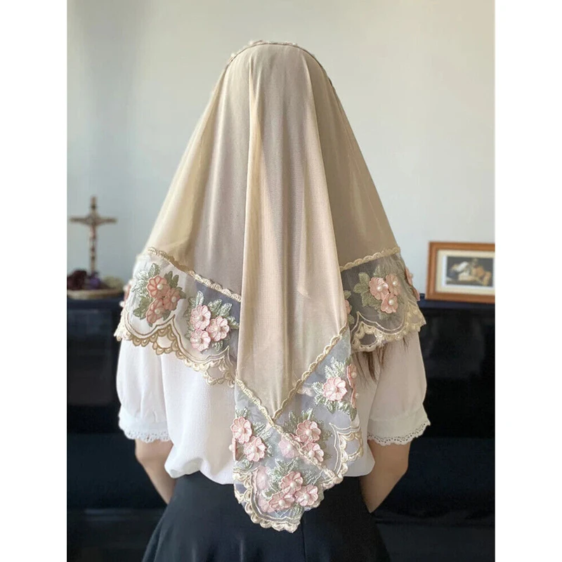 

Floral Triangle Mantilla Veils Church Mass Nude 3 D Flowers Pearls Beaded St. Agatha Women Head Covering Vintage Silk Chiffon