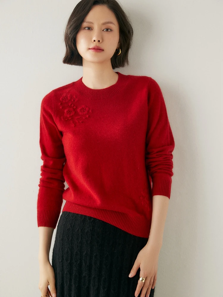 Autumn Winter Women O-neck Cashmere Pullover 100% Cashmere Sweater Long Sleeve Soft Warm Knitwear Embroidered Petals Bottom Tops