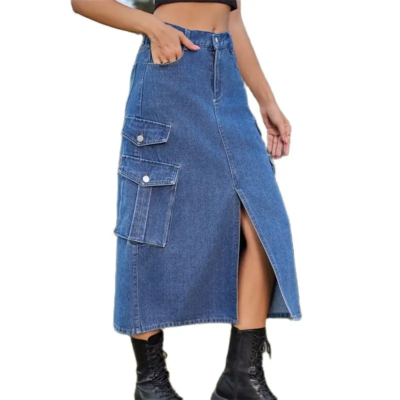 

2023 Fashion Denim Skirt Women Jeans Skirt Spring Autumn Retro Washed Streetwear Elastic Waist Pocket Split Hem Lady Long Skirts