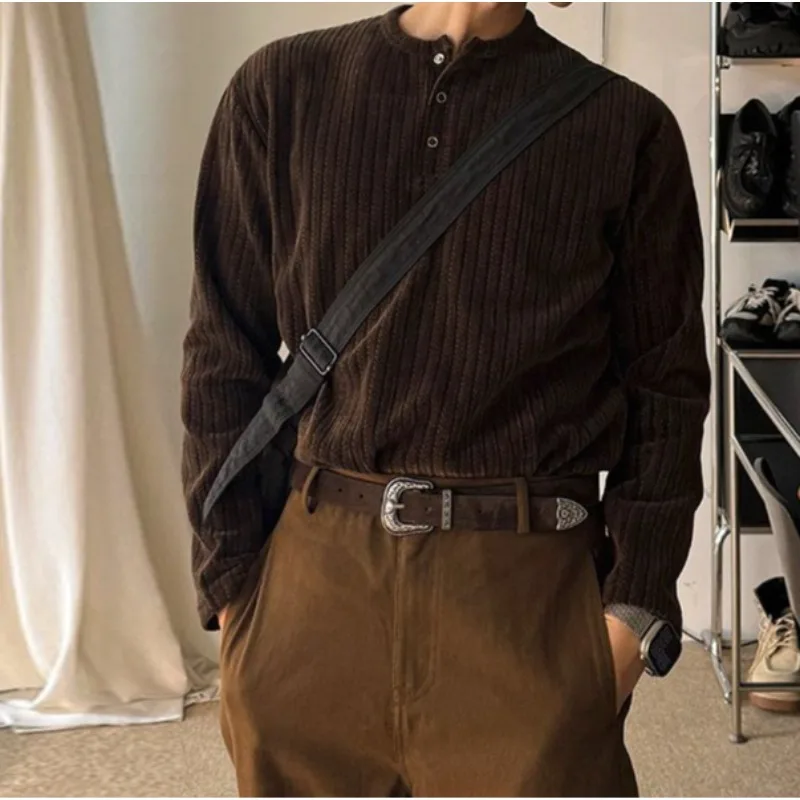 

2026 Vintage Henry Neck Long Sleeve T-Shirt Men's Spring and Autumn Loose Casual Texture Bottom Shirt Korean Commuter Wear