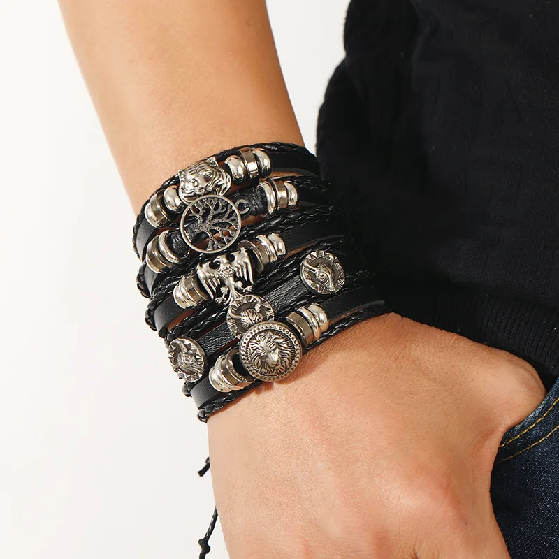 Fashion Black Skull Multi-layer Beaded Hand Leather Bracelet for Men Set Adjustable DIY Leather Winding Hand Rope