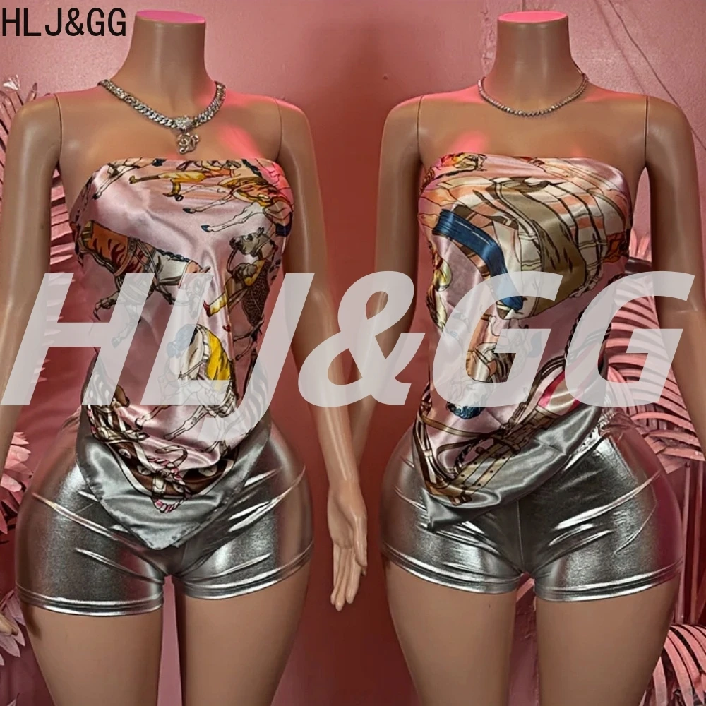 

HLJ&GG Y2K Retro Print Fashion Streetwear Women Off Shoulder Sleeveless Slim Crop Scarf Top + Shorts Two Piece Sets Sexy Outfits