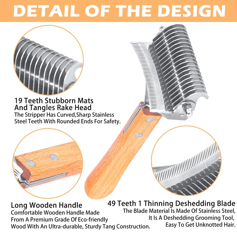 Benepaw 3-in-1 Deshedding Dog Rake Brush Professional Comfortable Handle Dematting Comb Removes Hair Tangle Rounded-end Blade