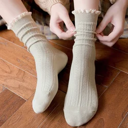 New Lacework Ruffles Socks Solid Cotton Breathable Harajuku Vintage Streetwear Crew Sock Japanese Kawaii Cute Women's Socks