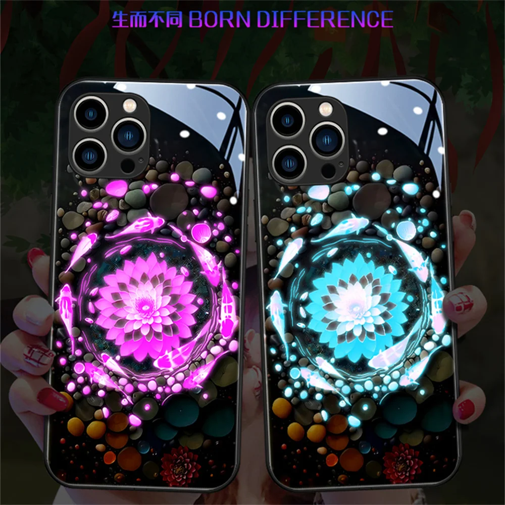 

Cute Lotus Carp Smart LED Light Glow Tempered Glass Phone Case For Samsung S24 S23 S22 S21 S20 FE Note 10 20 Plus Ultra A54 A14