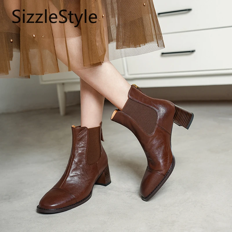 المرأة العصرية جلد طبيعي بسيط خياطة التباين خياطة سترتش كعب مكتنز أحذية الكاحل