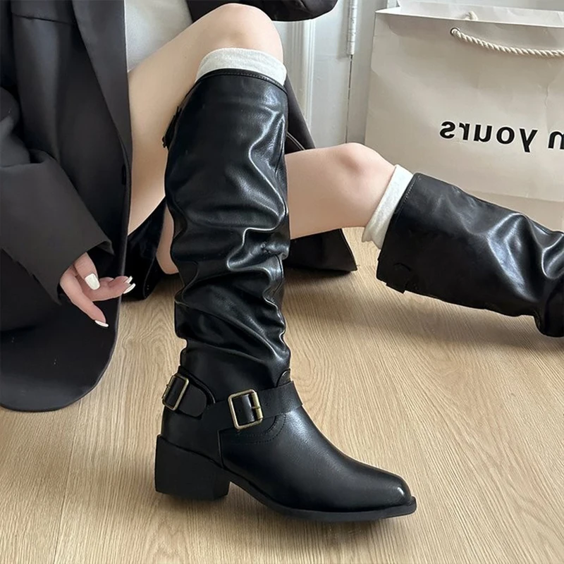 امرأة أحذية الركبة عالية حذاء بكعب سميك أحذية الشتاء الاتجاه الشرير القوطية جديد جلد موضة أحذية نسائية 2025 ماركة دراجة نارية بوتاس #3