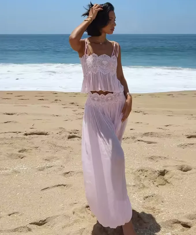 Women Pink 2 Piece Set Lace Cami Top Maxi Skirt Spaghetti Strap Hollow Out Waist Flowy Beach Vacation Boho Summer Outfit