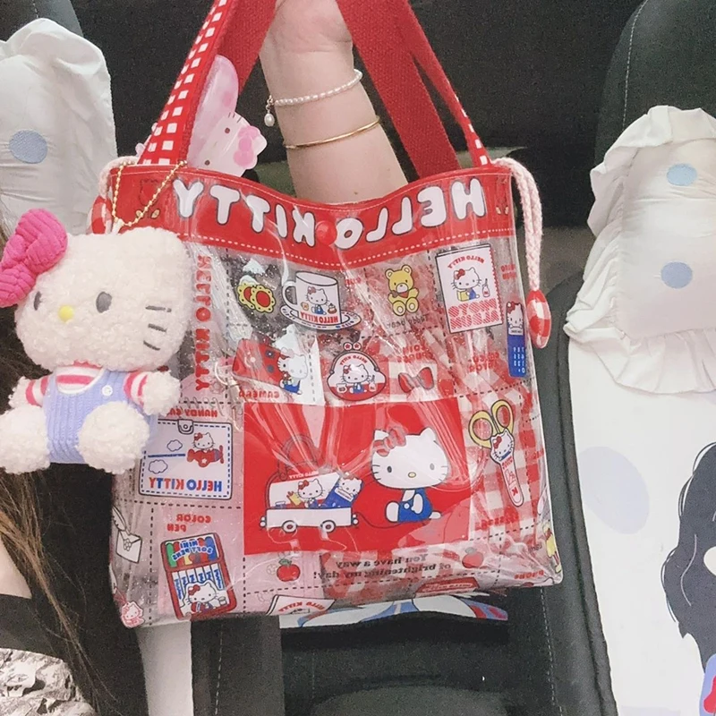 Anima Kawaii Miniso Sanrio Hello Kitty Large Capacity Handbag Cute Toys Cartoon Waterproof Portable Shopping Bag Girls Gifts