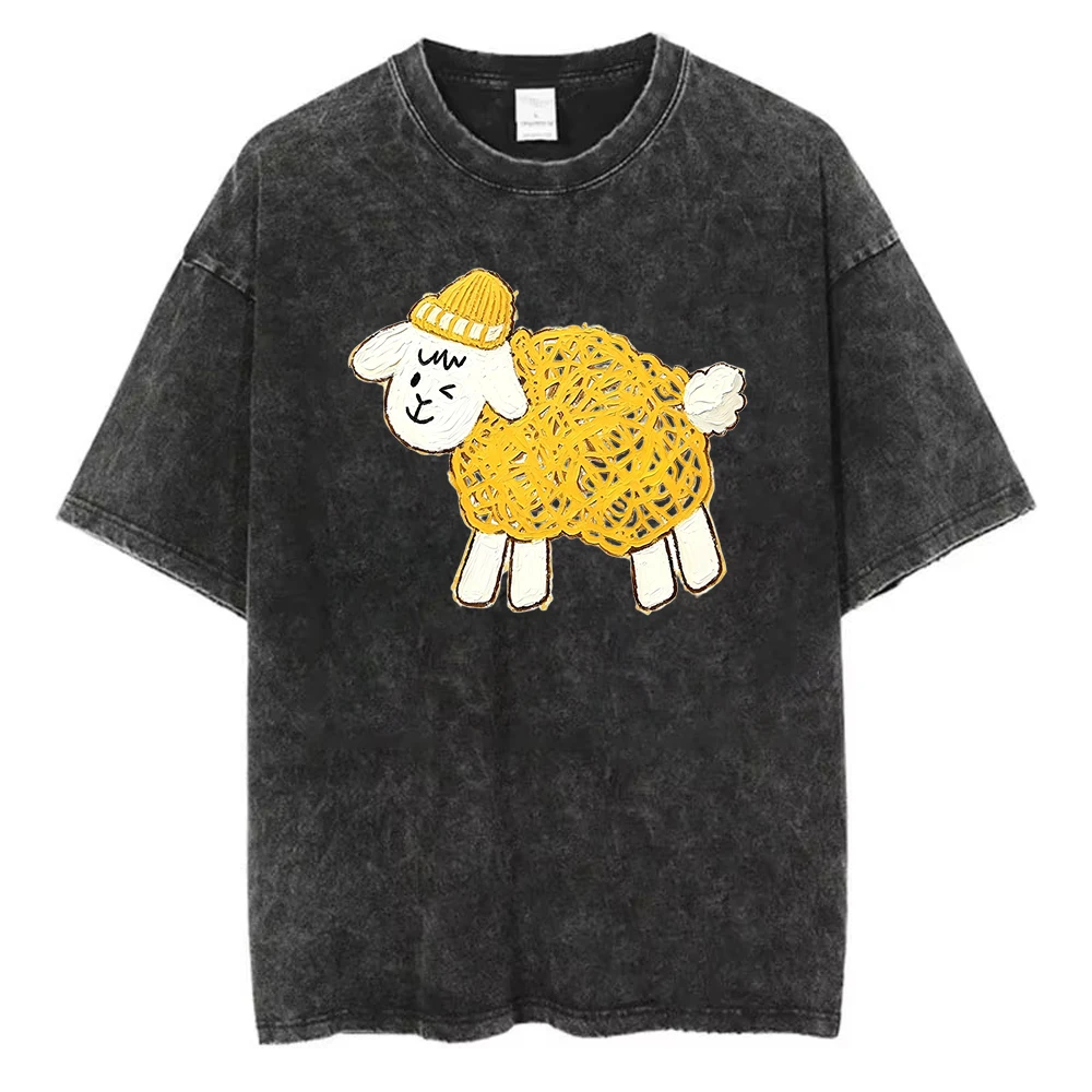 Vintage Washed Cute Sheep Graphic T‑Shirt Yellow Wool Lamb Print T Shirt Unisex Short Sleeve Aesthetic Oversized Streetwear Tops