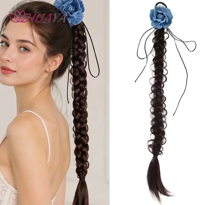 Tie-on Bubble Braid Ponytail Synthetic Hair Extension Blue Flower Decor Braided Fake Ponytail Wig for Women Wedding Dating Daily