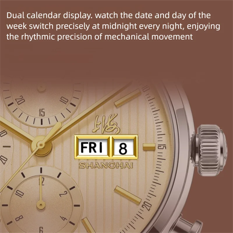 Shanghai Men's Watch Automatic Mechanical Chronograph Watch With Dual Calendar Display Stainless Steel Sapphire Waterproof Watch