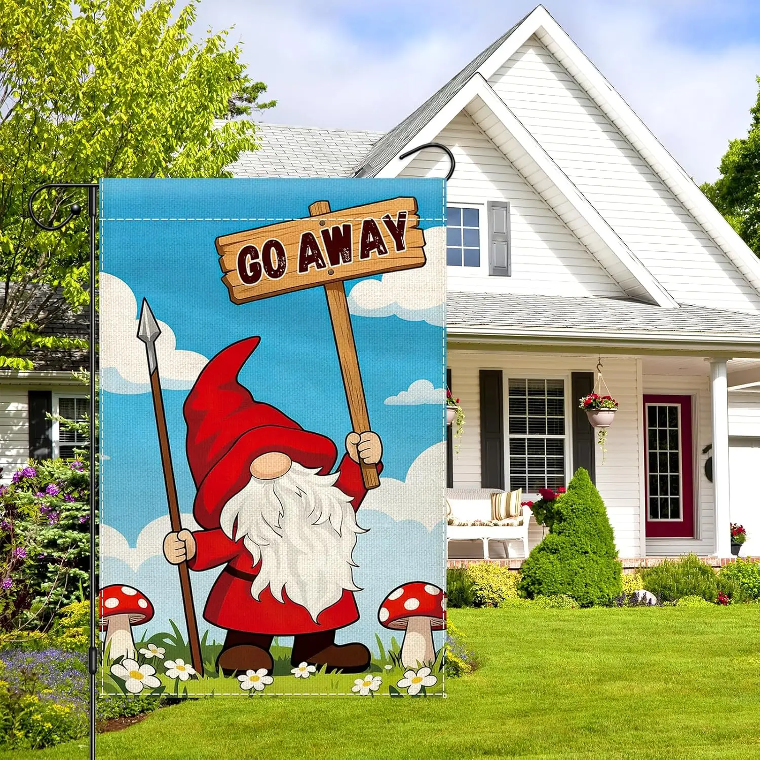 Gnome Garden Flag 12x18 Inch Double Sided, Welcome Funny Garden Flags for Outdoor Decor, Inspiration Quote Go Away Yard Flag AAS