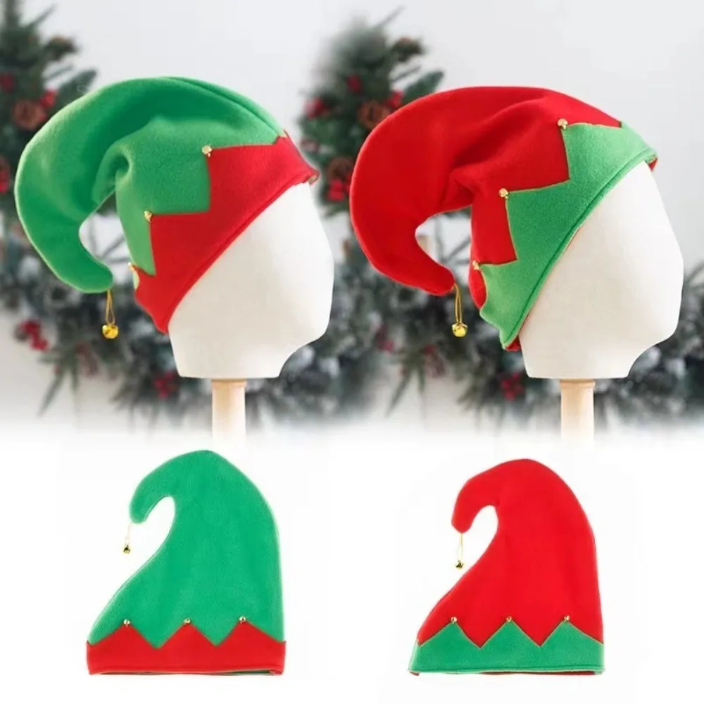 Christmas Santa Hat Men Women Elf Cap Plush Made with Metal Bell Decoration Contrast Color Curled Peak Festival Accessories