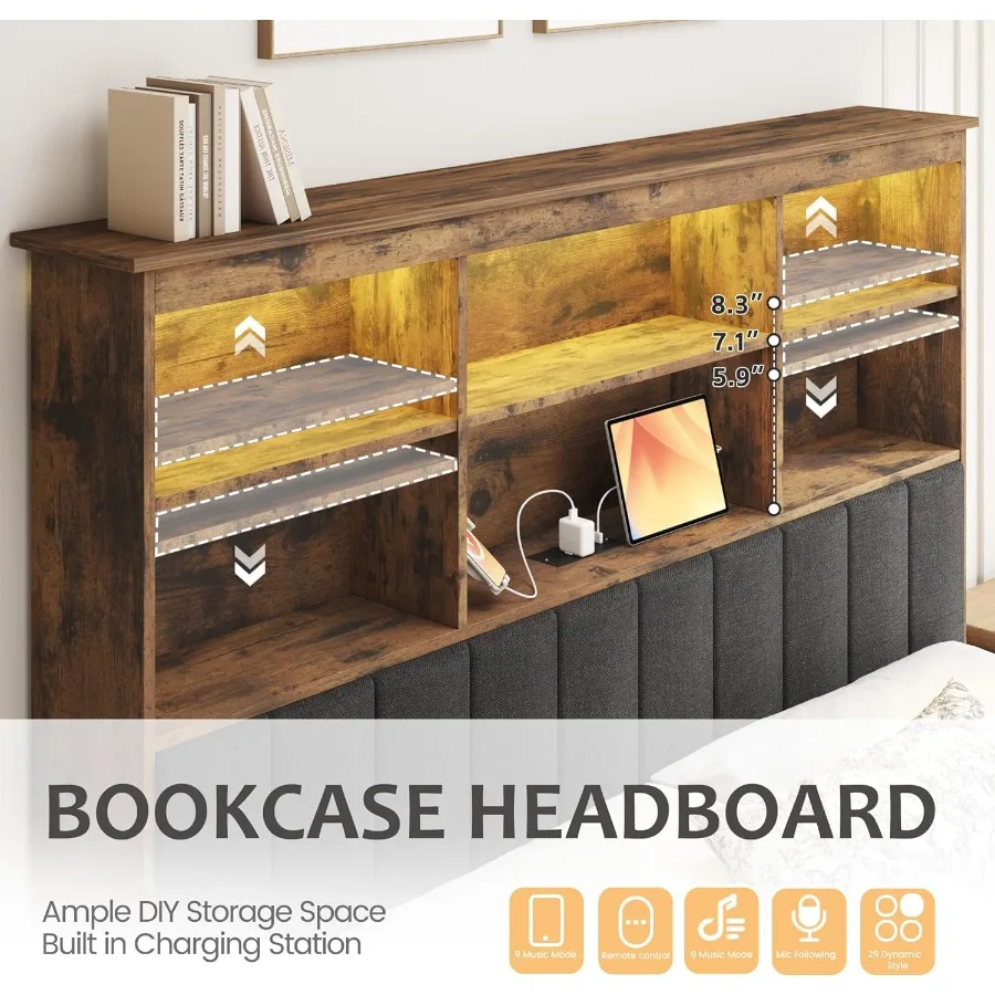 Винтажный каркас кровати размера «queen-size» из коричневого дерева с высоким книжным шкафом для хранения, 4 функциональными ящиками, встроенная светодиодная подсветка и зарядная станция