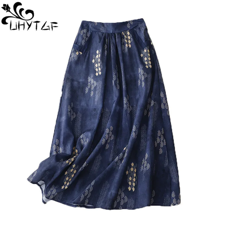 

UHYTGF 2023 Summer Skirts Women's Artsy Vintage Printed Cotton Linen Skirt Female Stretch High-Waisted Lined Skirts Ladies 2213