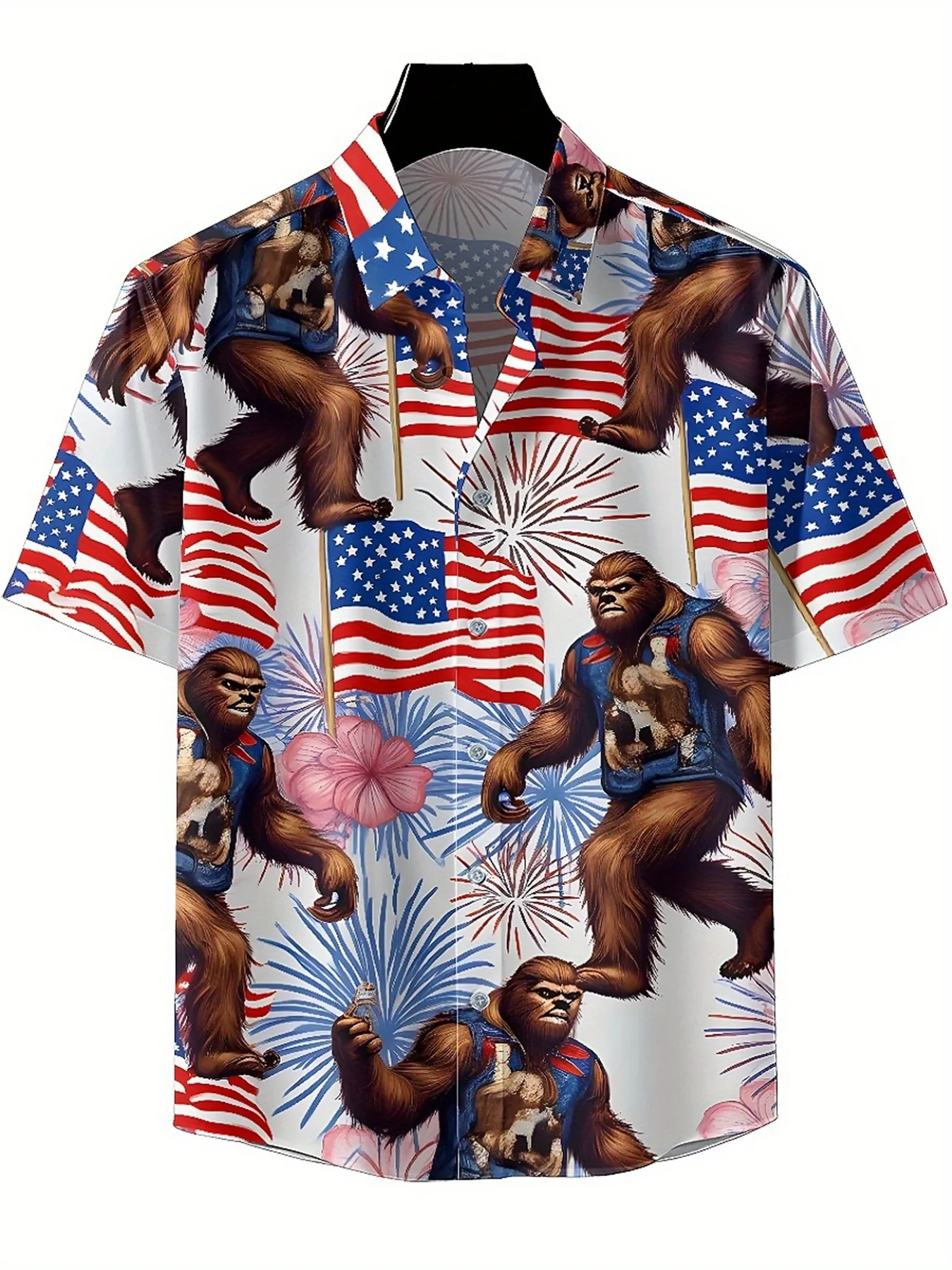 Men's Plus Size Hawaiian Shirts Sasquatch US Independence Day Theme pattern, Button Shirts, Unisex Casual Clothing, Summer Tops