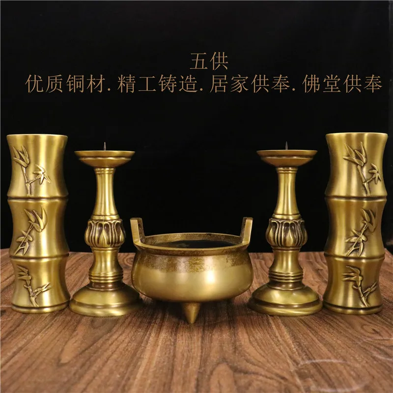 Pure copper incense burner five-piece offering , a complete set of Buddhist offerings for home and temple use
