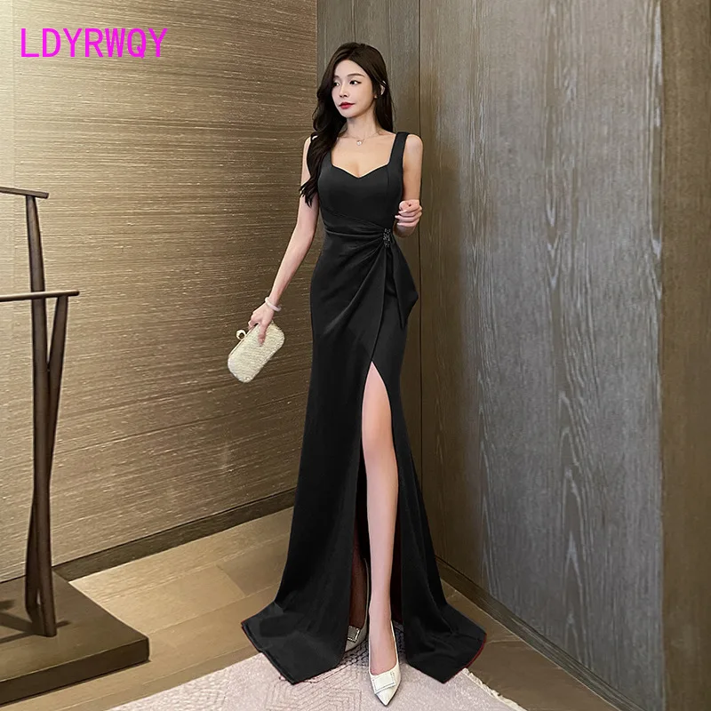 2023 New Sexy Low Chest Wrapped Hip Split Floor Sweeping Women\'s Long Dress Temperament Slim Fit Banquet Evening Gift Dress