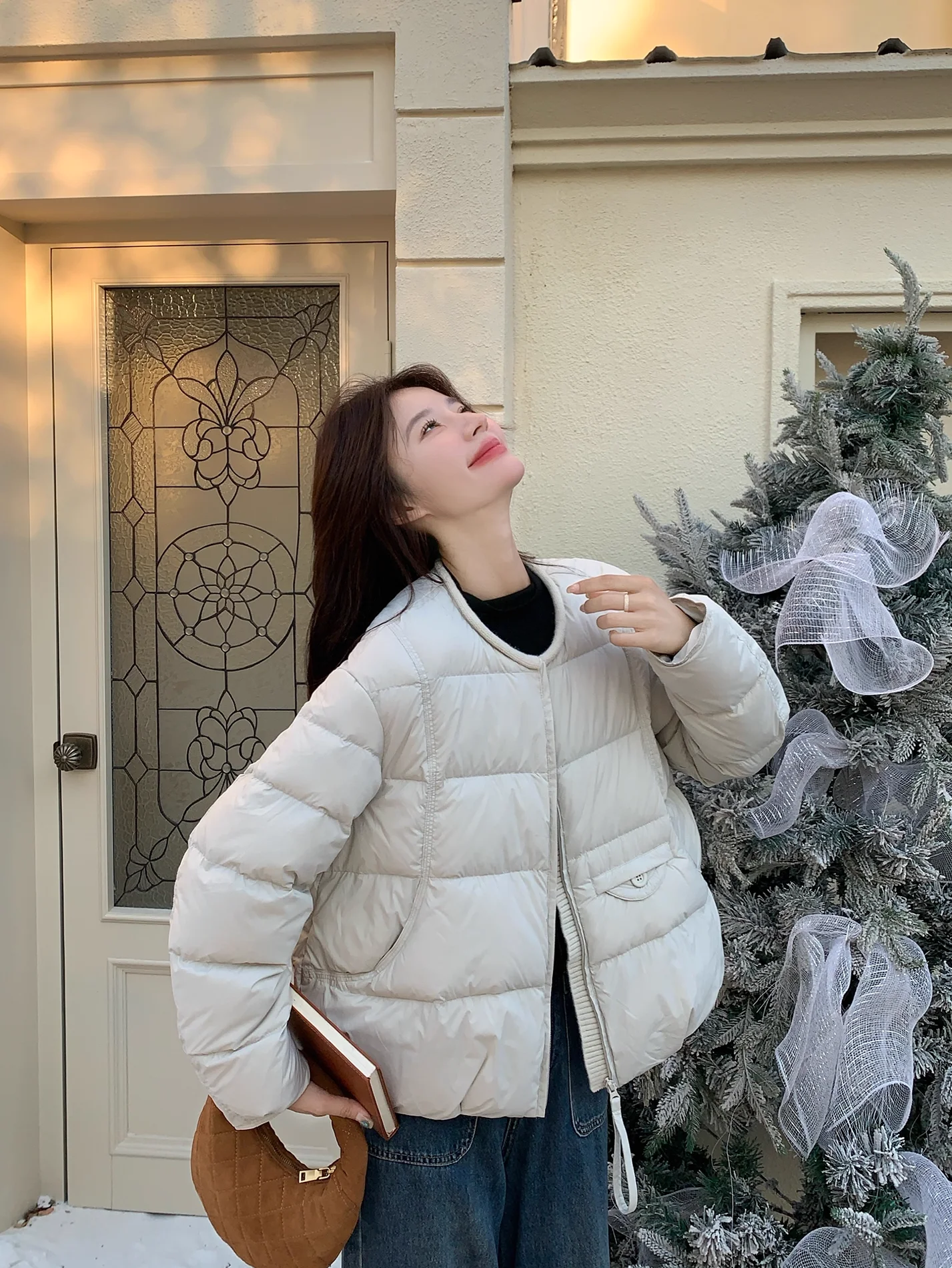 

Fashionable Zipper round Neck Cotton Jacket Thickened Pure Color Commute Outerwear for Women Winter 2025 Korean Style