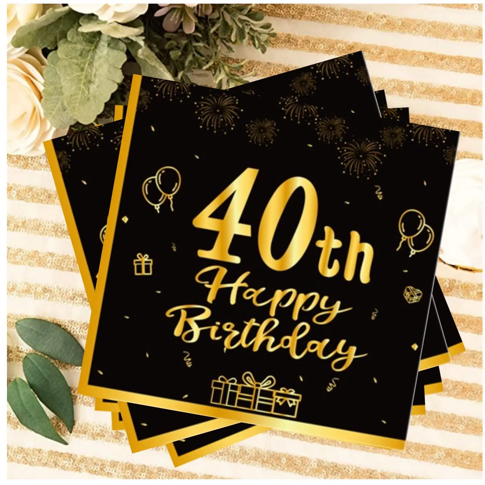 생일 축하 냅킨, 블랙 및 골드, 식기 파티 냅킨, 생일 장식 티슈, 오찬 종이 냅킨, 20 개