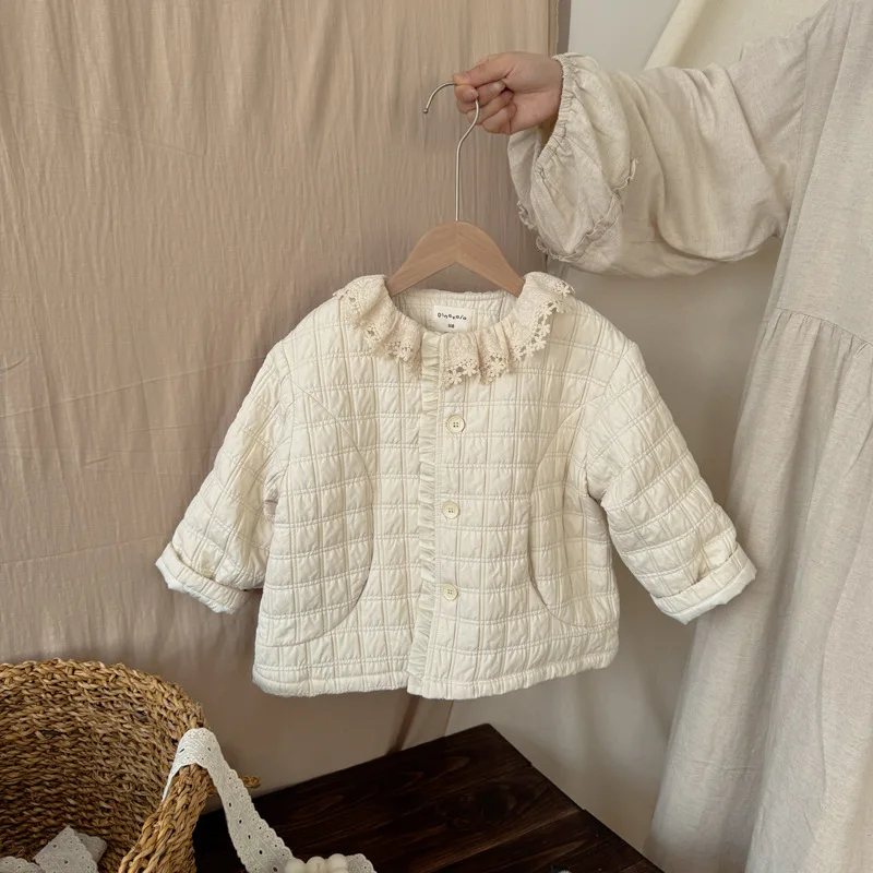 

2025 Winter New Children Cotton Padded Jacket Solid Simple Kids Girls Lace Collar Quilted Jacket Thick Warm Coat Baby Clothes