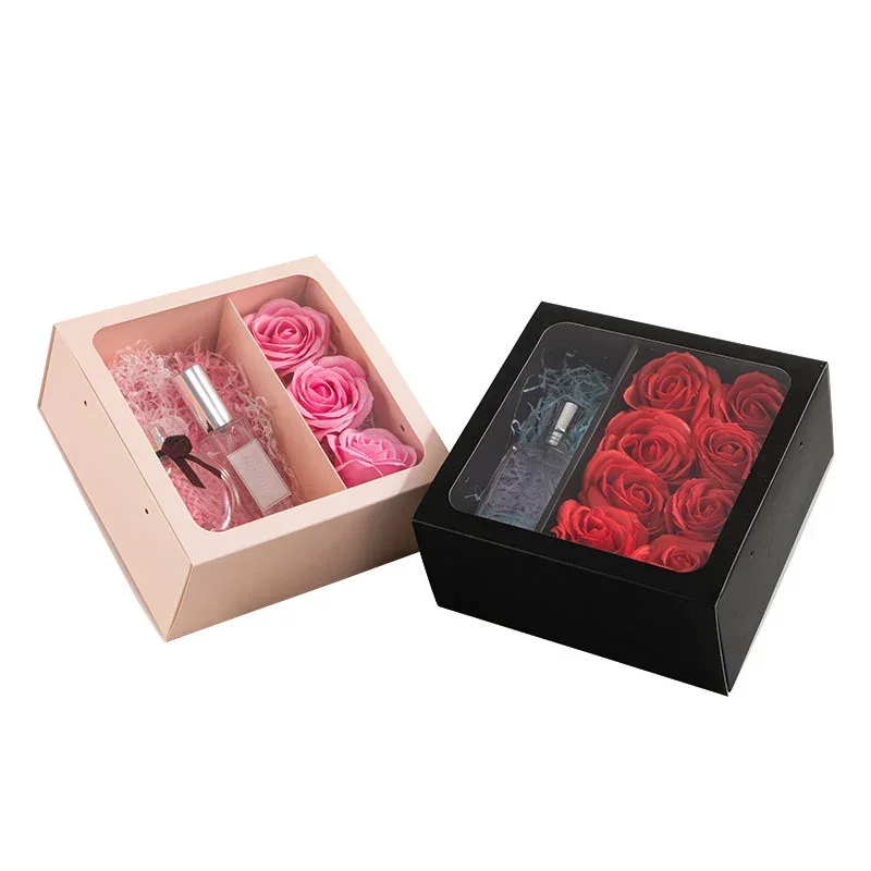 Square Gift Box with Handle Transparent PVC Window Rose Candy Dessert Valentine\'s Day Memorial Day Gift Packaging Box Pink/Black