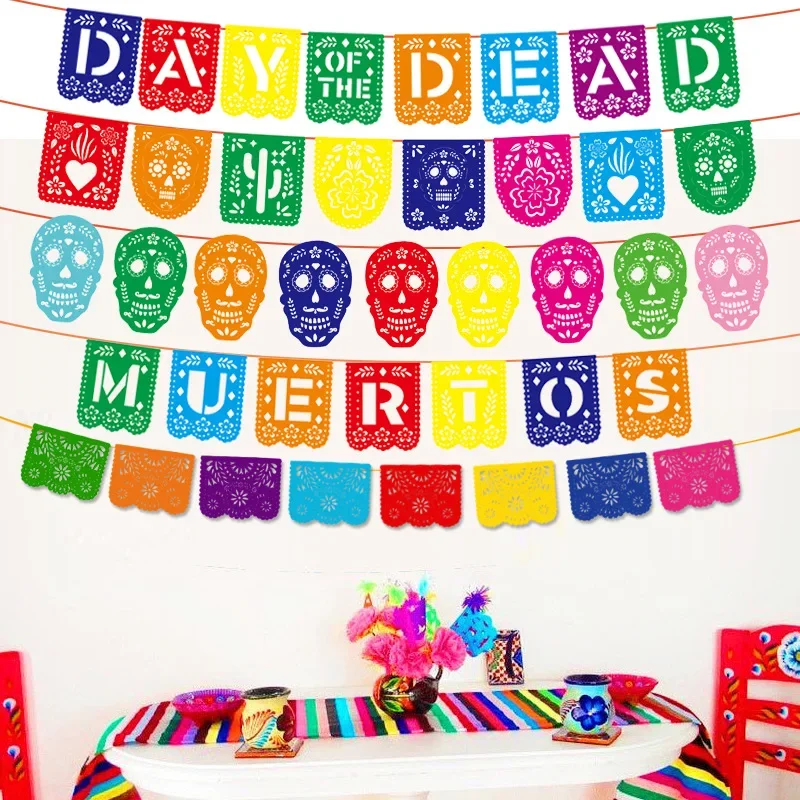 Mexican Theme Skull Pattern Carnival Queue Party Decoration Square Papel Pint Decorated Felt Flag Garland Day of The Dead Banner