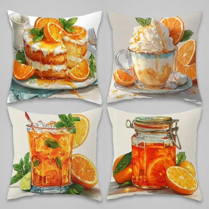 Aesthetic Citrus Food Illustration Pillowcase Set 4PCS 45x45cm Dessert Kitchen Theme Home Decor Throw Cushion Cover