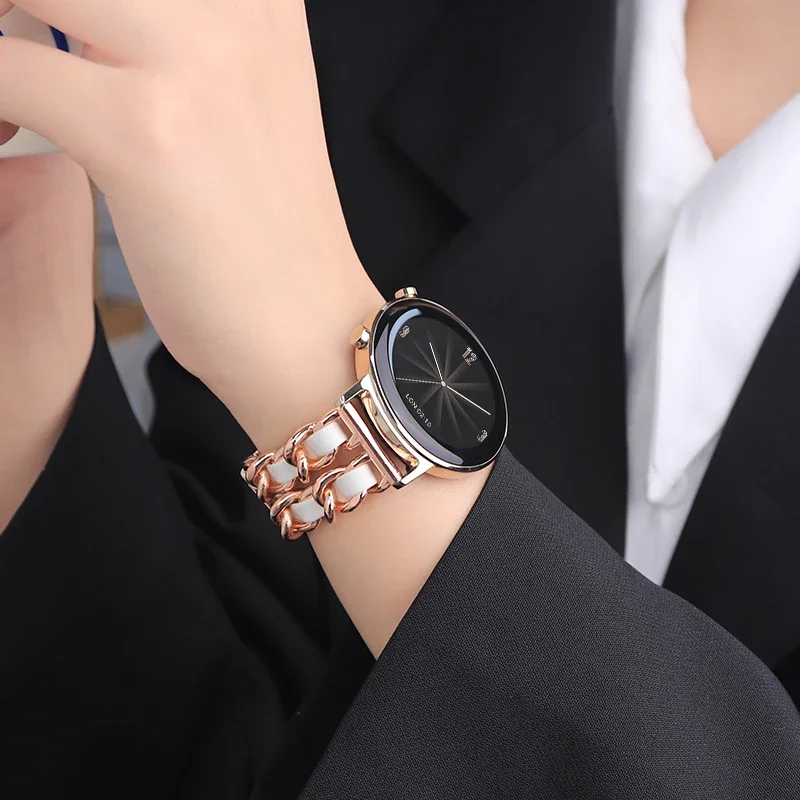 Paski 20mm 22mm do Samsung Galaxy Watch 7/6/5 Pro/4 classic/active 2 Skórzane+pokrętła metalowe bransoletka correa HUAWEI GT2e 3 4 5 Band