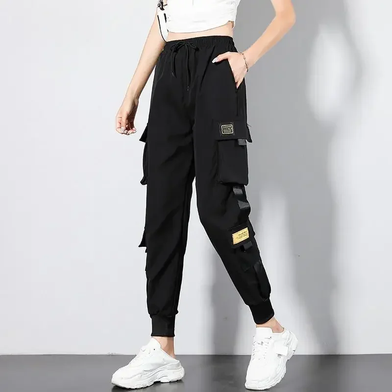 Women\'s Streetwear Black Multi-pocket Fashion Cargo Pants Cotton Elastic Waist Casual Hip-hop Dance Joggers Tactical Trousers