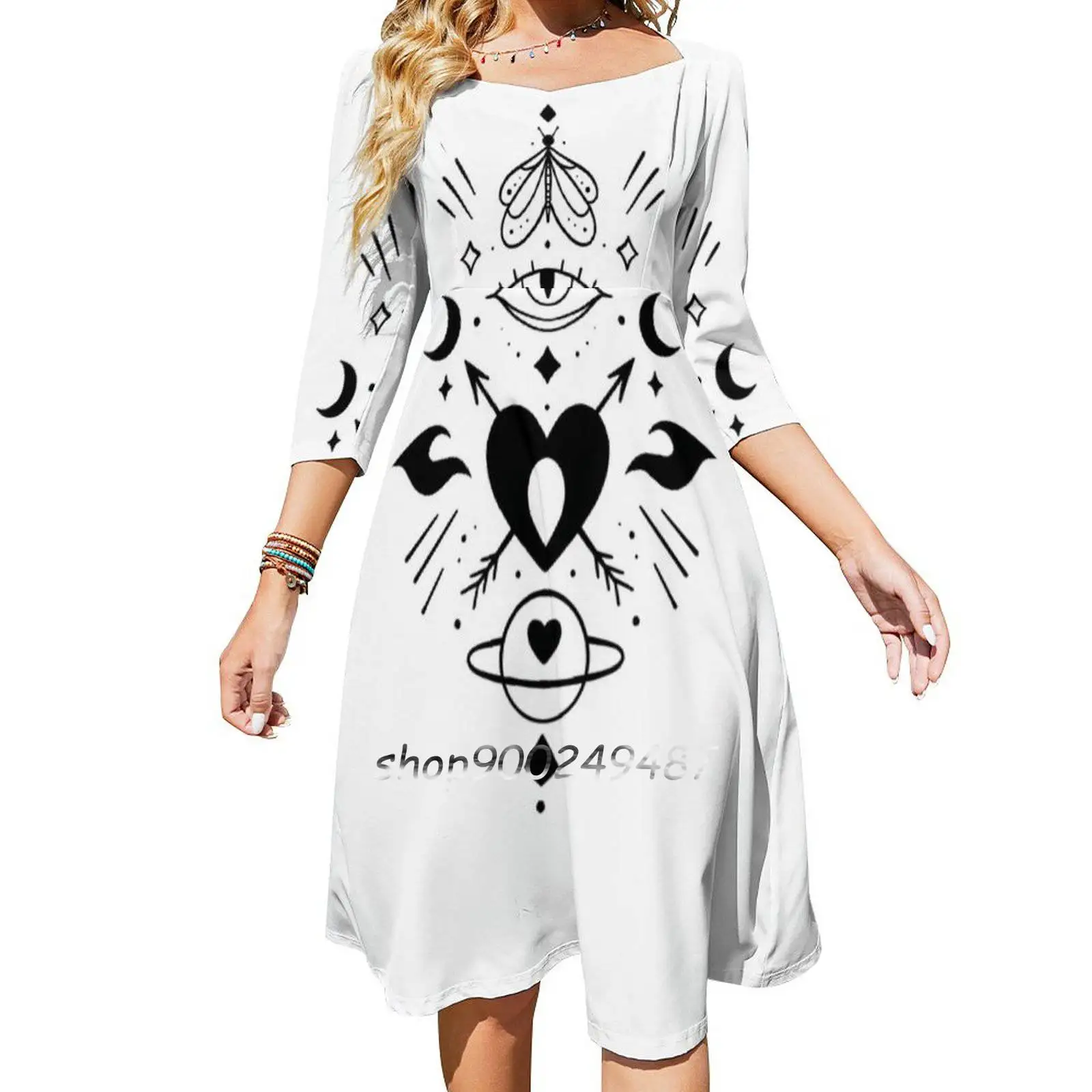 Cosmic Love Square Neck Dress Cute Loose Print Dresses Elegant Beach Party Dress Love Planet Cosmic Eye Tattoo Black Power Sign