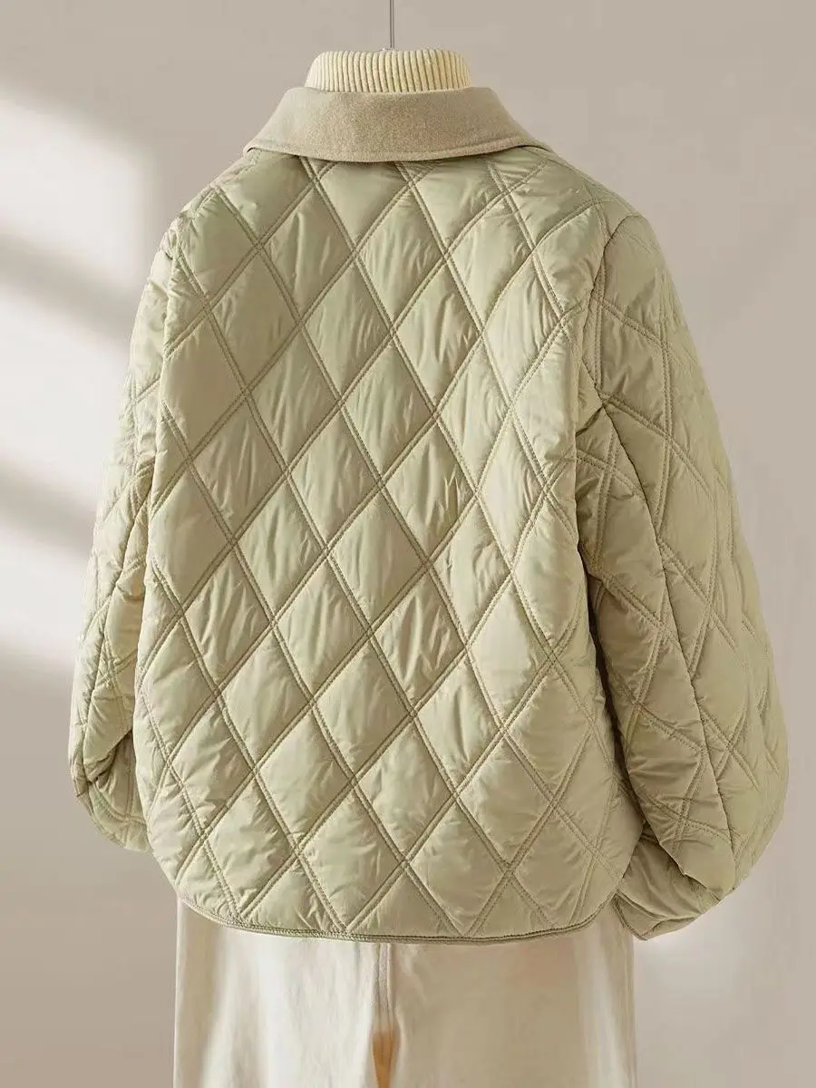 Loose Fit Thiened Cotton Jaet Women's Winter Faionable Warm Quilted Coat Turn-down Collar Diamond Patterned Outerwear